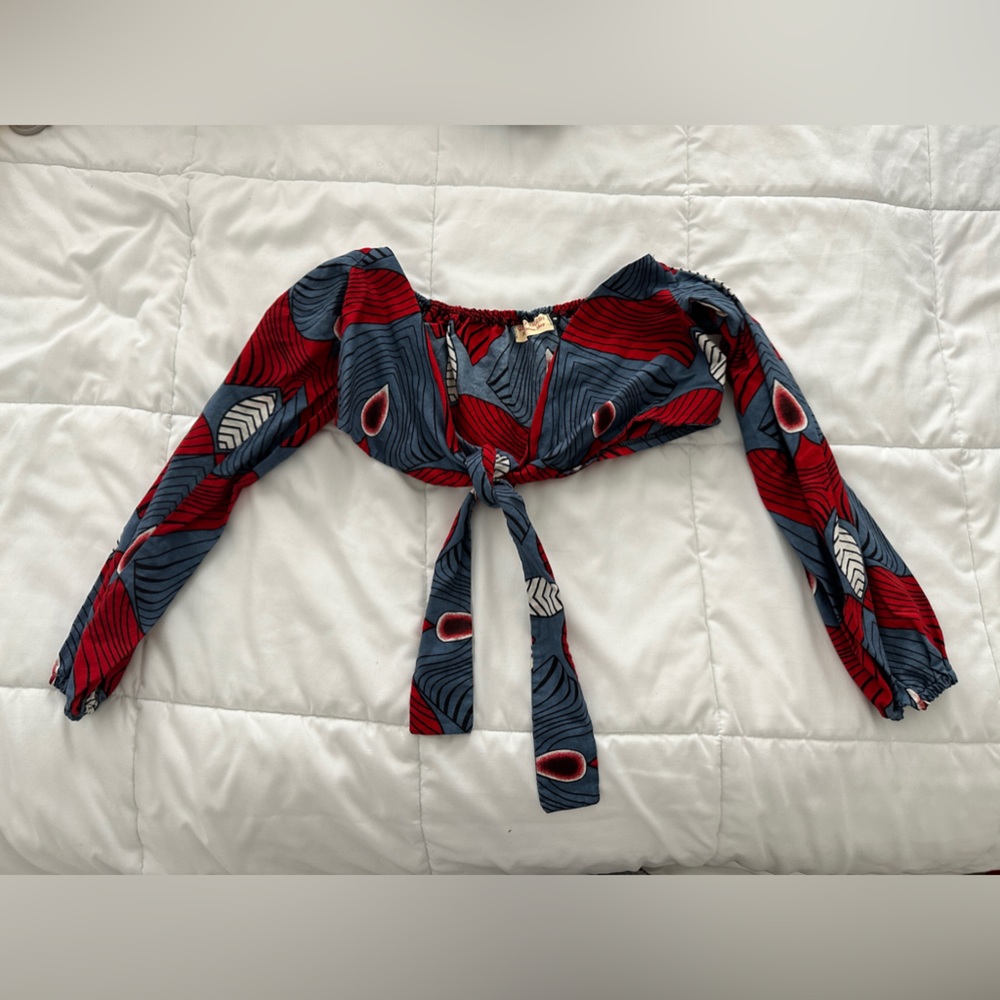 Grass-Fields African Print Long Sleeve Tie Front Crop Top UK Size 8 (US 6)